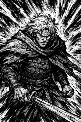 a black and white drawing of a man with a sword