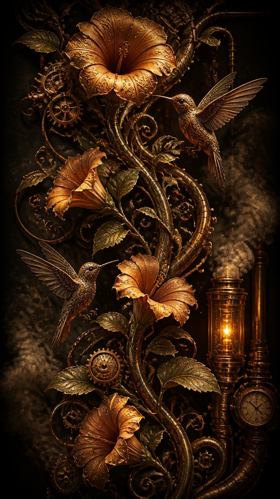 a climbing vine of flowers and hummingbirds on a dark background, tall wrapping composition, no text