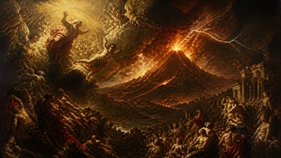 an erupting volcano with lightning strikes, dramatic wide composition, no text