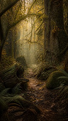 a winding forest path in golden autumn light, no people