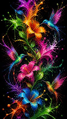 a climbing vine of flowers and hummingbirds on a dark background, tall wrapping composition, no text