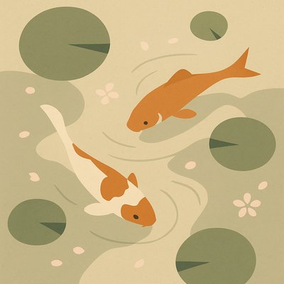 A koi pond seen from above, orange and white koi fish swimming among lily pads, clear water with subtle ripples, fallen cherry blossom petals floating on the surface, dappled sunlight