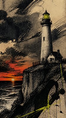 a lone lighthouse on a cliff at dusk under a dramatic sky, no text or lettering