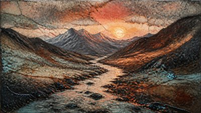 a vast valley with a river winding toward distant mountains at sunrise, no people, no text
