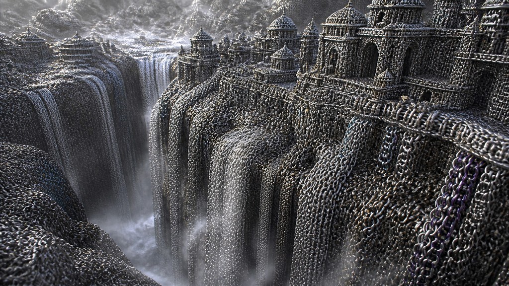 a cliffside city with waterfalls cascading into a misty canyon, wide establishing shot, no people, no text