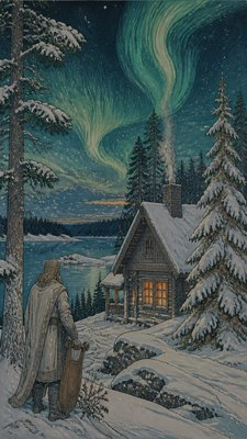 a snow-covered cottage with warm glowing windows beside a decorated pine tree, gentle snowfall, no text