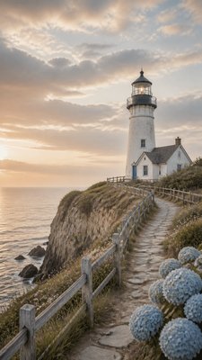 a lone lighthouse on a cliff at dusk under a dramatic sky, no text or lettering