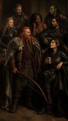 full-body original character: a dwarven ranger with a braided auburn beard, worn leather armor, a longbow and a wolf-pelt cloak, neutral background, no text