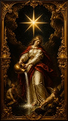 a robed figure pouring water beneath a large eight-pointed star in a night sky, symmetrical composition with an ornate decorative border, no text