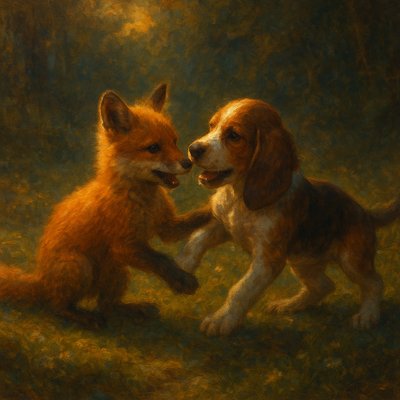 "Photorealistic image of a red fox pup and a hound puppy, in playing together in a romp.. Set in a sun-dappled forest clearing with soft moss and wildflowers. Warm, golden-hour lighting. Emphasize tenderness, trust, and youthful affection. Highly detailed fur textures. Evokes the movie 'The Fox and the Hound' but with real animals.