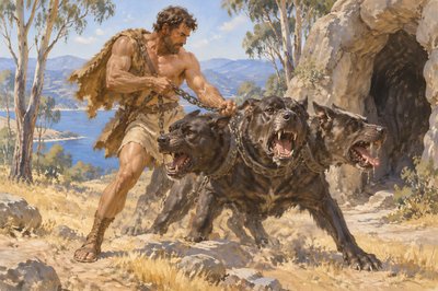 Hercules captures Cerberus, the three-headed dog of Hades