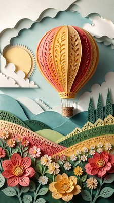 a hot air balloon drifting over rolling flower fields on a sunny day, cheerful, no text