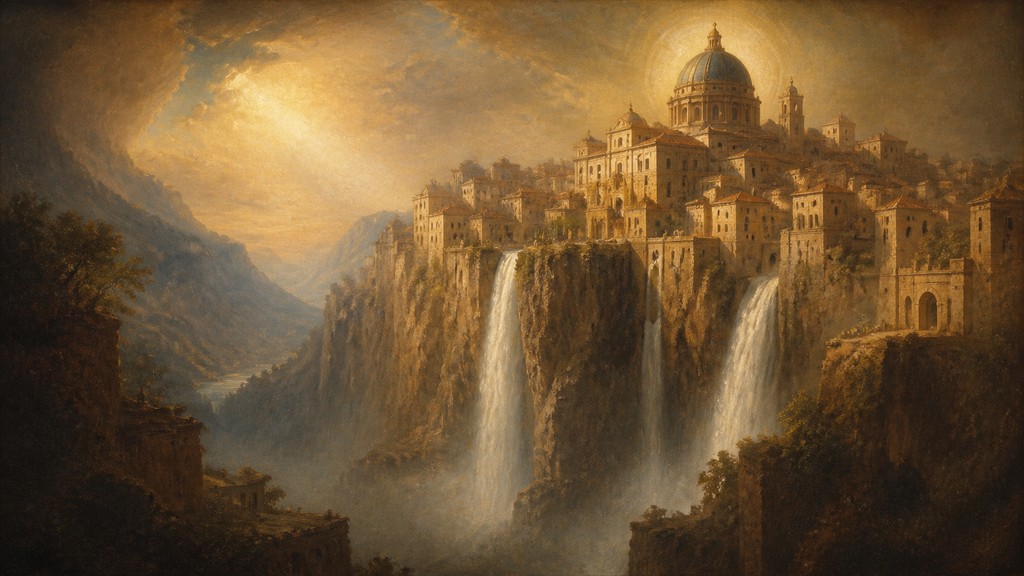 a cliffside city with waterfalls cascading into a misty canyon, wide establishing shot, no people, no text