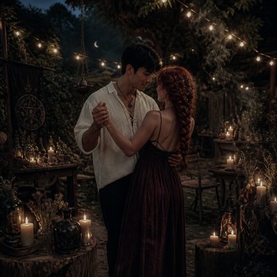 an original couple dancing under string lights in a garden at dusk: a man with short black hair in a linen shirt and a woman with braided red hair in a summer dress
