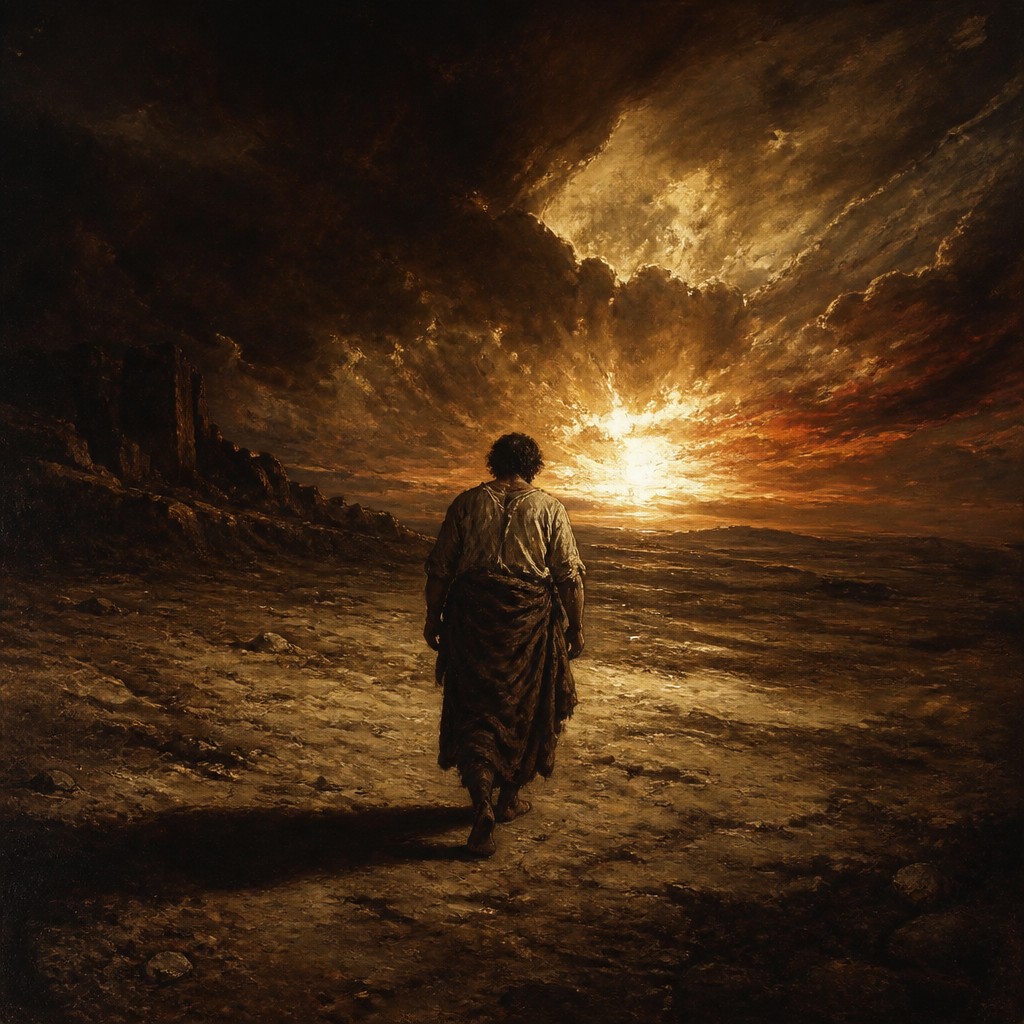a solitary figure walking toward a glowing horizon across an empty plain, moody atmosphere, no text or lettering