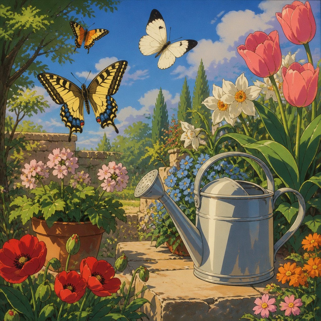 a garden scene with butterflies, flowers and a watering can, clean uncolored line art, no text