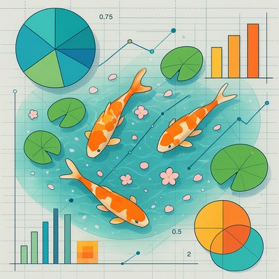 A koi pond seen from above, orange and white koi fish swimming among lily pads, clear water with subtle ripples, fallen cherry blossom petals floating on the surface, dappled sunlight