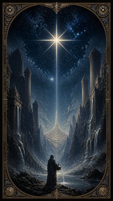 a robed figure pouring water beneath a large eight-pointed star in a night sky, symmetrical composition with an ornate decorative border, no text