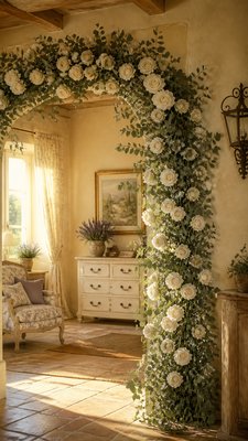 an arch of white roses and eucalyptus in soft morning light, elegant vertical composition with open space, no text