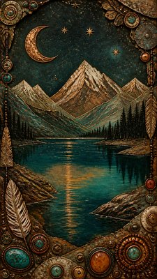 a tranquil mountain lake beneath a starry night sky, no people, no text