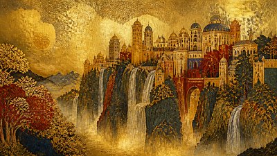 a cliffside city with waterfalls cascading into a misty canyon, wide establishing shot, no people, no text