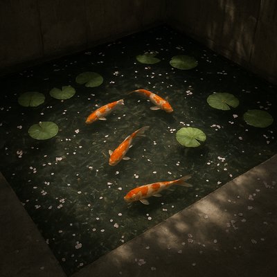 A koi pond seen from above, orange and white koi fish swimming among lily pads, clear water with subtle ripples, fallen cherry blossom petals floating on the surface, dappled sunlight