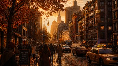 bustling city street panorama at dusk