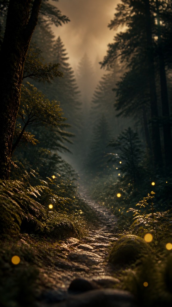 a mysterious forest path with fireflies and drifting mist, atmospheric vertical composition with open space at the top, no text