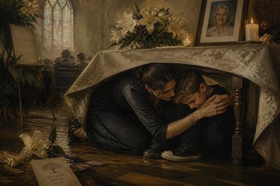 an eleven year old grandson who has lost his grandmother sits under a table in tears during a memorial service - his aunt crawls under the table to hug him and reassure him that everything is ok