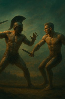 a painting of two men fighting each other