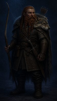 full-body original character: a dwarven ranger with a braided auburn beard, worn leather armor, a longbow and a wolf-pelt cloak, neutral background, no text