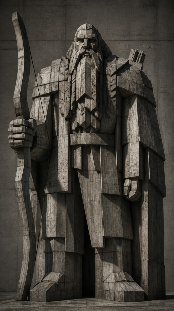 full-body original character: a dwarven ranger with a braided auburn beard, worn leather armor, a longbow and a wolf-pelt cloak, neutral background, no text