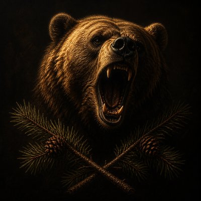 a roaring bear head above crossed pine branches, bold graphic composition on a plain background, no text