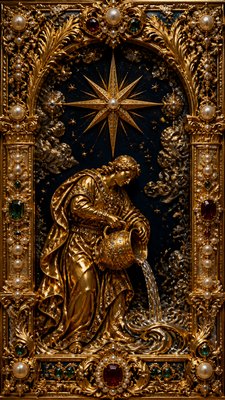 a robed figure pouring water beneath a large eight-pointed star in a night sky, symmetrical composition with an ornate decorative border, no text