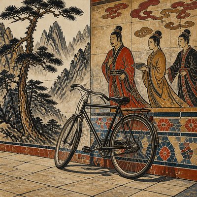 bicyle resting against a wall
