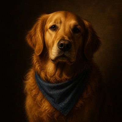 portrait of a golden retriever wearing a blue bandana, warm plain backdrop, no text