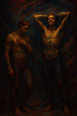 a painting of two men standing next to each other