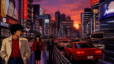 bustling city street panorama at dusk