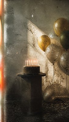 a birthday cake with lit candles surrounded by balloons and confetti, festive vertical composition, no text