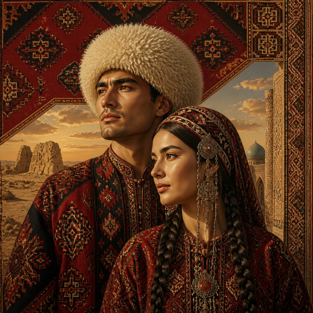 portrait of two people together — Turkmen Art Style