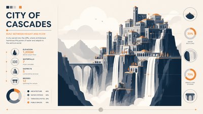 a cliffside city with waterfalls cascading into a misty canyon, wide establishing shot, no people, no text