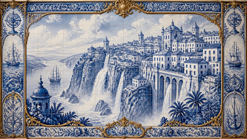 a cliffside city with waterfalls cascading into a misty canyon, wide establishing shot, no people, no text
