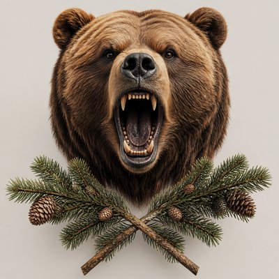 a roaring bear head above crossed pine branches, bold graphic composition on a plain background, no text