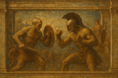 a painting of two men fighting each other