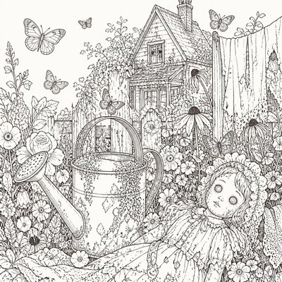 a garden scene with butterflies, flowers and a watering can, clean uncolored line art, no text