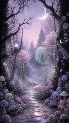 a mysterious forest path with fireflies and drifting mist, atmospheric vertical composition with open space at the top, no text