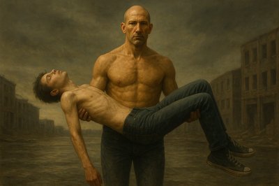 a painting of a man holding a naked man