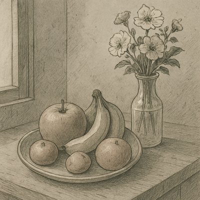 still life arrangement of fruits and flowers