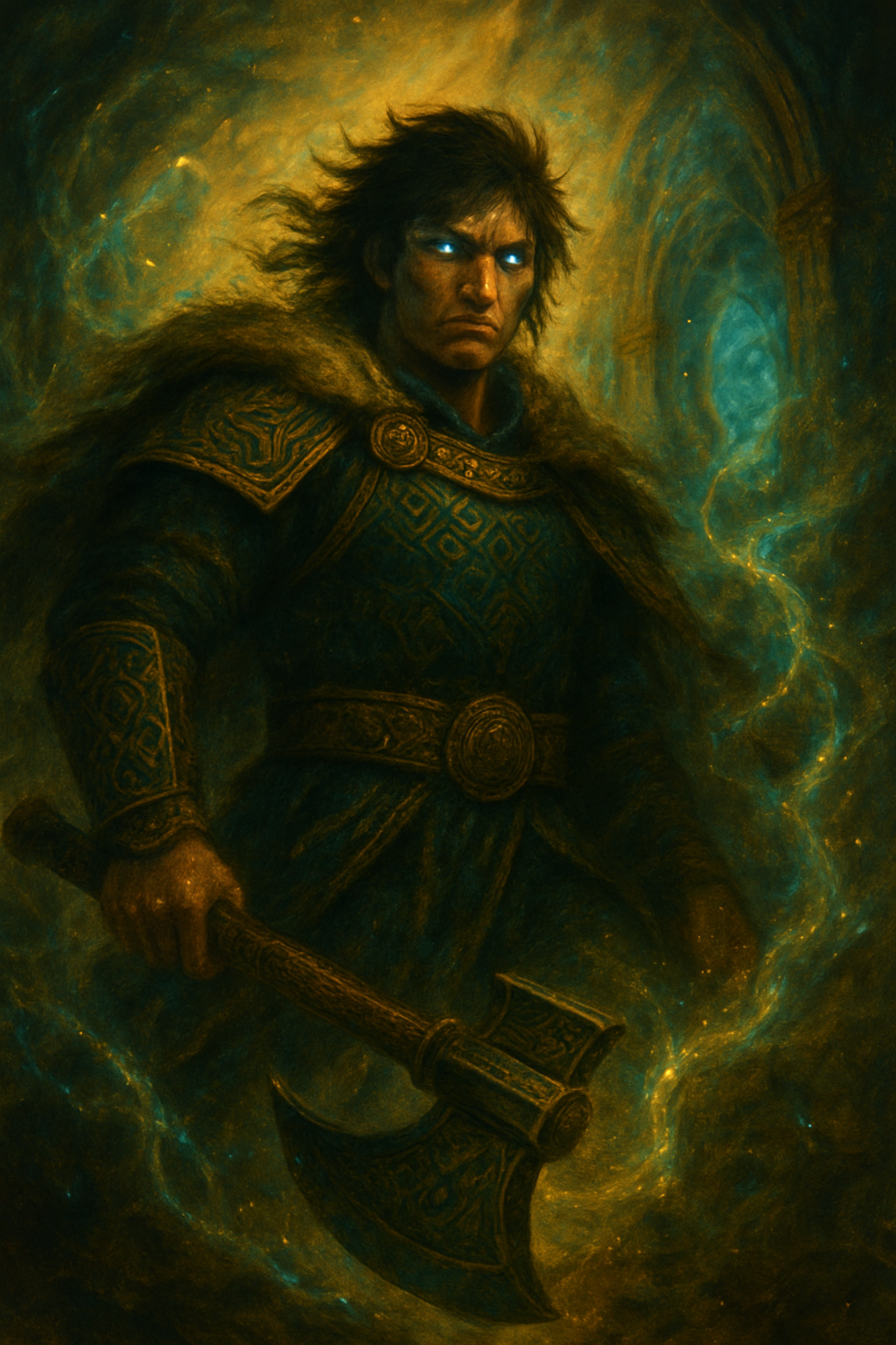 a painting of a man in armor holding an axe