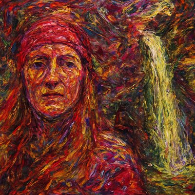 a painting of a woman with a red head scarf